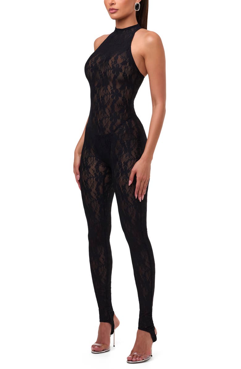 Naked Wardrobe Lace Racerback Stirrup Jumpsuit, Alternate, color, Black