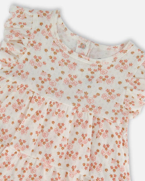 Deux Par Deux Baby Girl's Organic Cotton Pointelle Romper Printed White And Pink Flowers In White With Pink Flowers