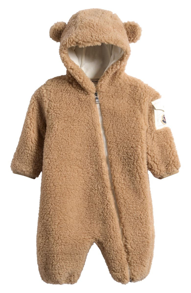 Moncler Teddy Fleece Hooded Romper, Main, color, Beige