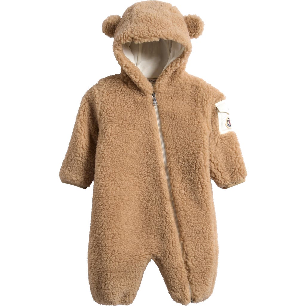 Moncler Teddy Fleece Hooded Romper In Brown