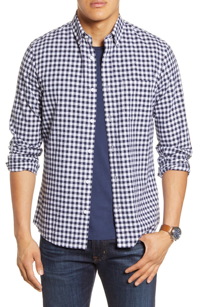 1901 Heather Gingham Linen Blend Slim Fit Sport Shirt, Main, color, BLUE ESTATE WHITE GINGHAM