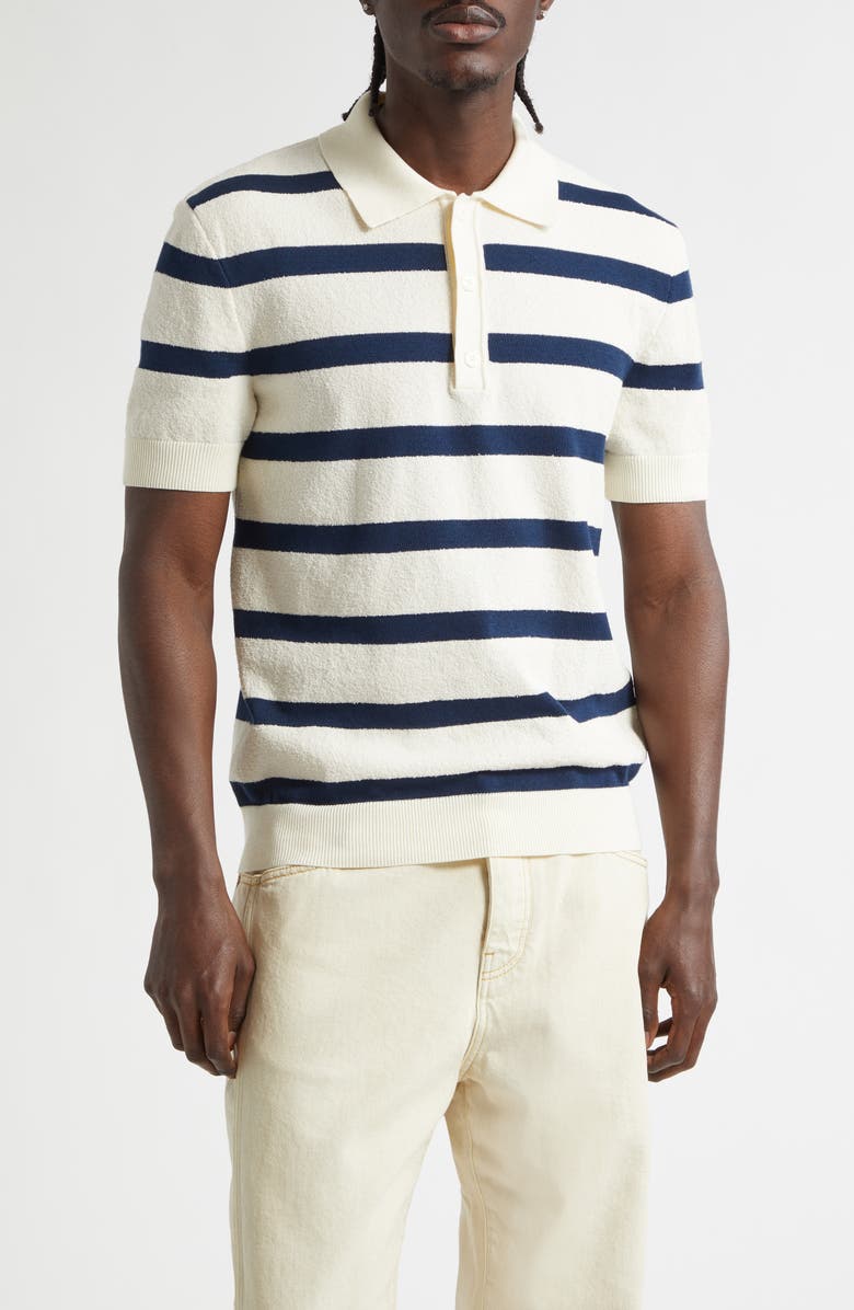 Balmain Marinière Stripe Cotton Blend Terry Cloth Polo, Main, color, Natural/ Navy