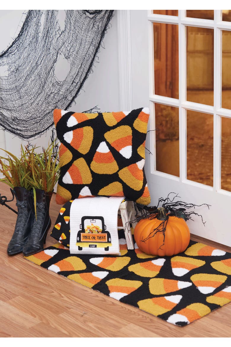 Trick or Treat Candy Corn Truck Halloween Embroidered Cotton Waffle Weave Kitchen Towel, Alternate, color, Orange