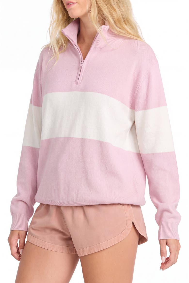 Colorblock Stripe Quarter Zip Cotton Sweater, Alternate, color, Pink/White
