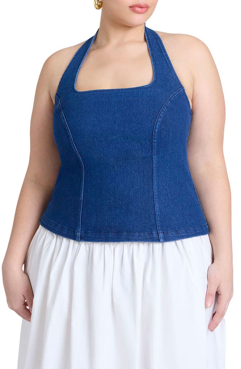 ELOQUII Denim Halter Top, Main, color, 