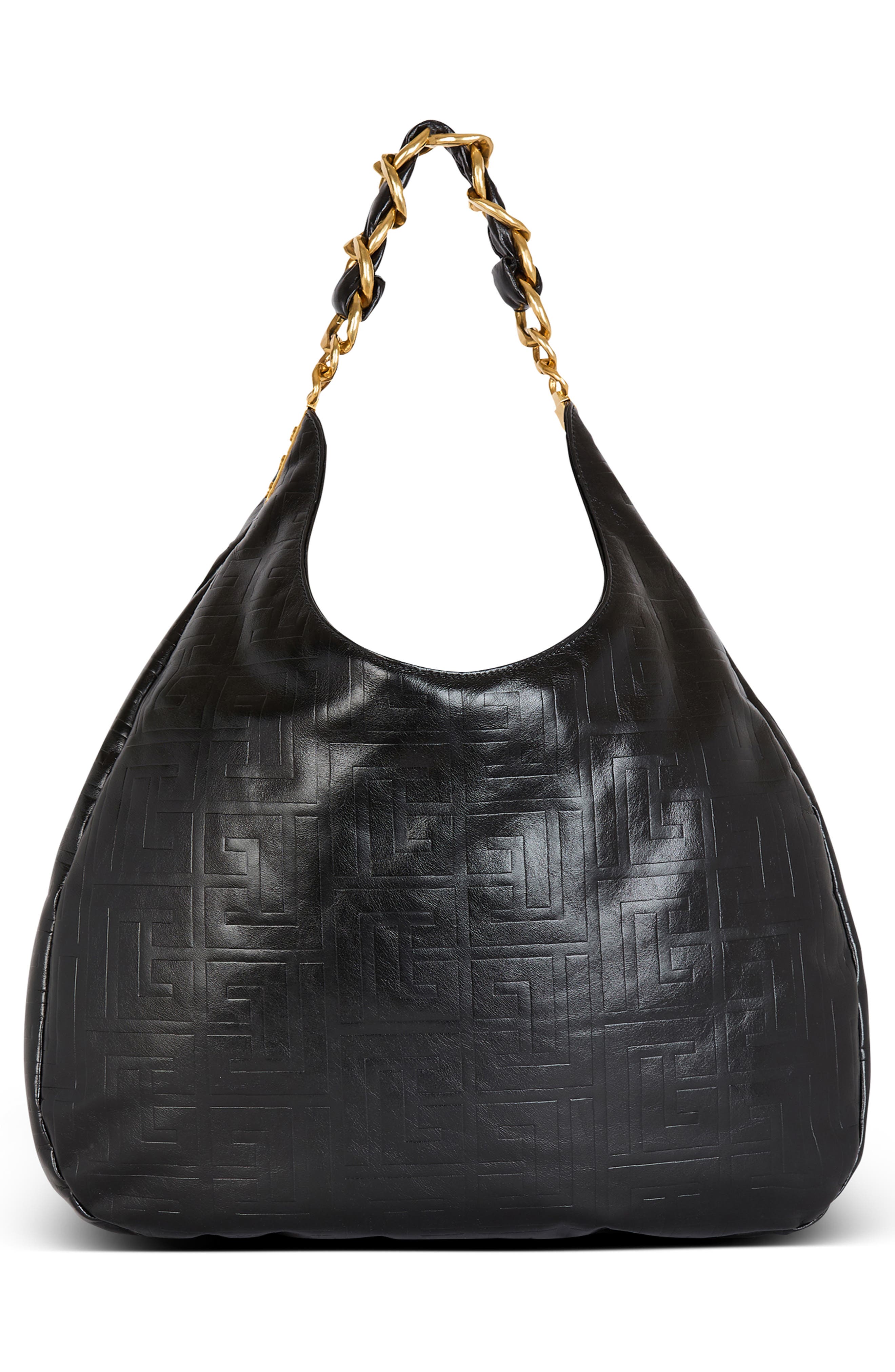 Balmain 1945 Soft Monogram Embossed Leather Hobo Bag, Alternate, color, 0Pa Black