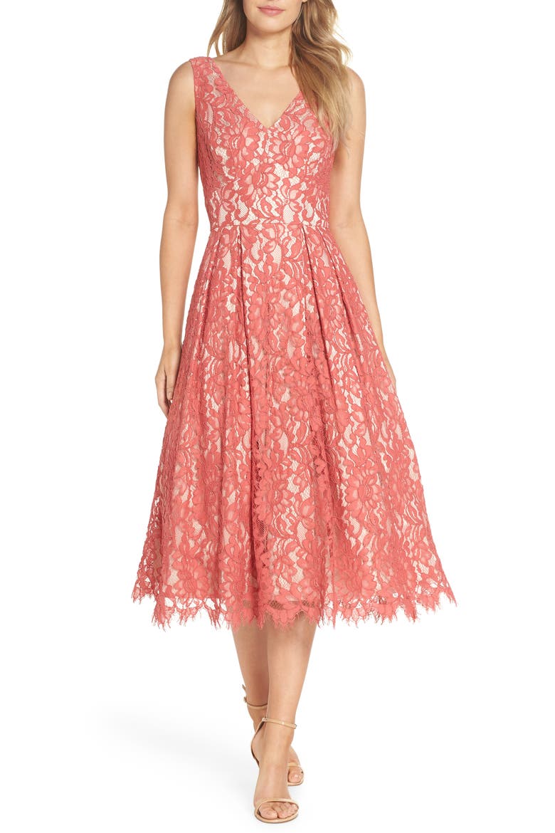 V-Neck Lace Midi Dress, Main, color, ROSE