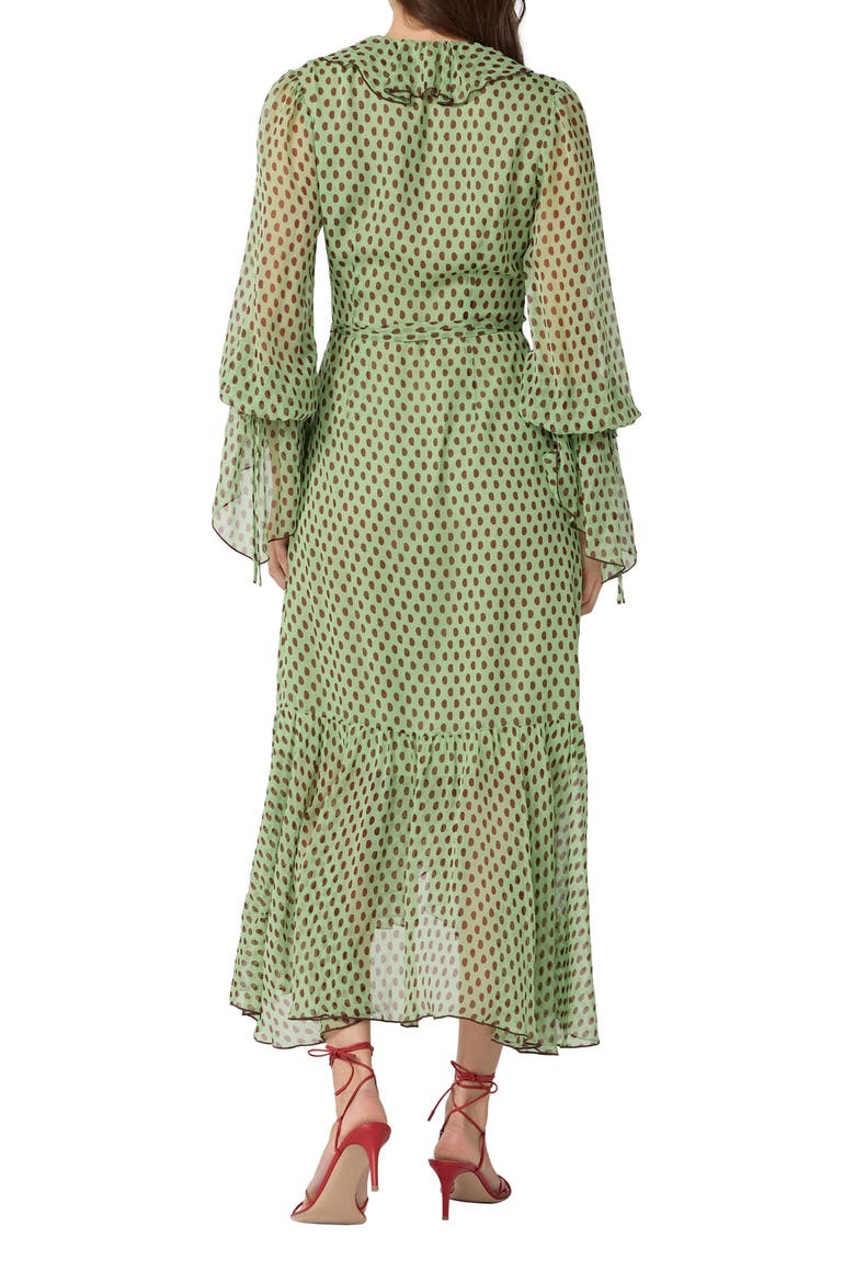 Thena Polka Dot Ruffle Trim Wrap Midi Dress, Alternate, color, JELLY POLKA DOT