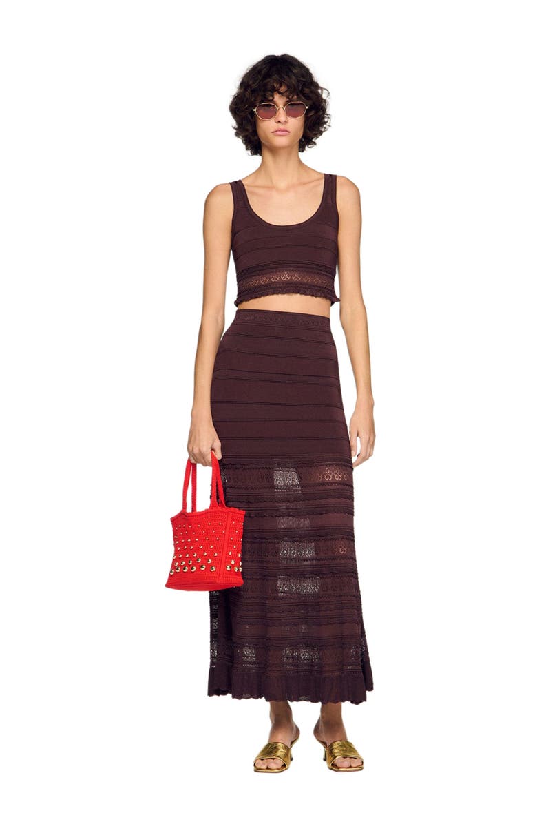 SANDRO Pointelle knit crop top, Alternate, color, Brown