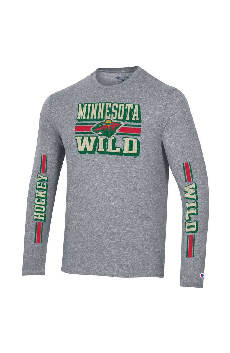 Champion Men's Champion Heather Gray Minnesota Wild Tri-Blend Dual-Stripe Long Sleeve T-Shirt, Alternate, color, 