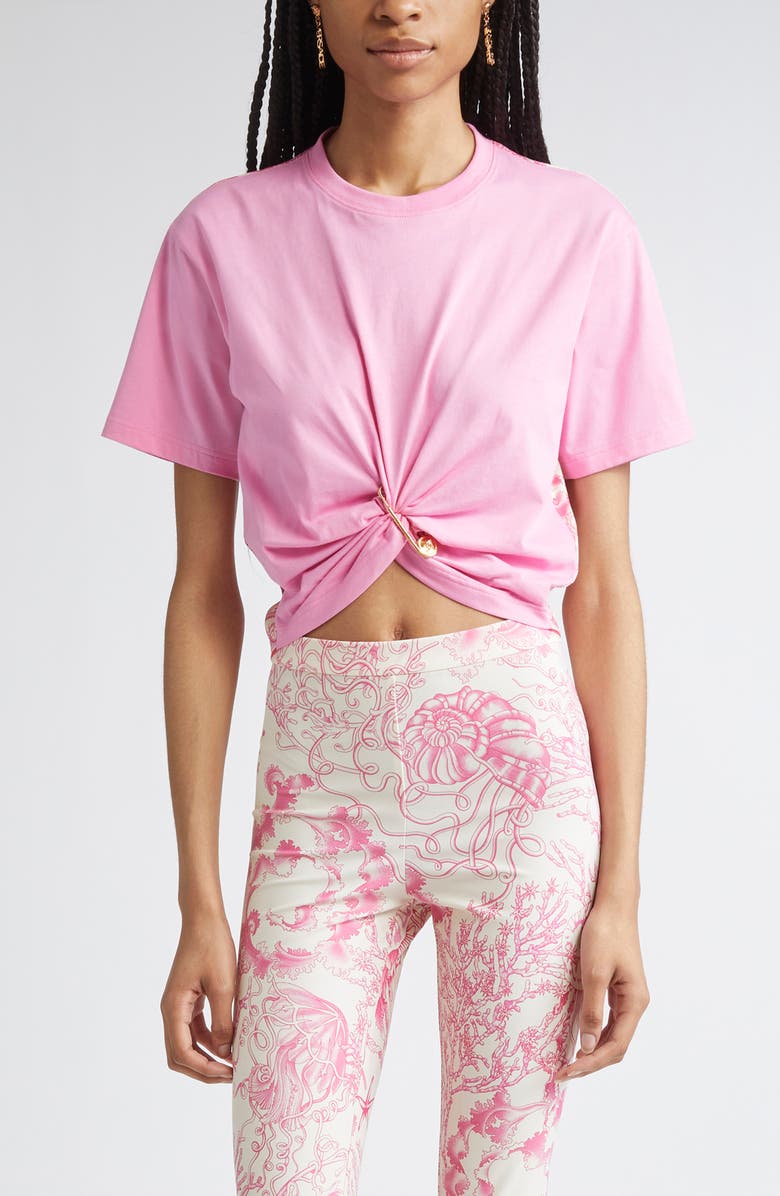 Versace Barocco Safety Pin Crop T-Shirt, Main, color, Guava Multi Color