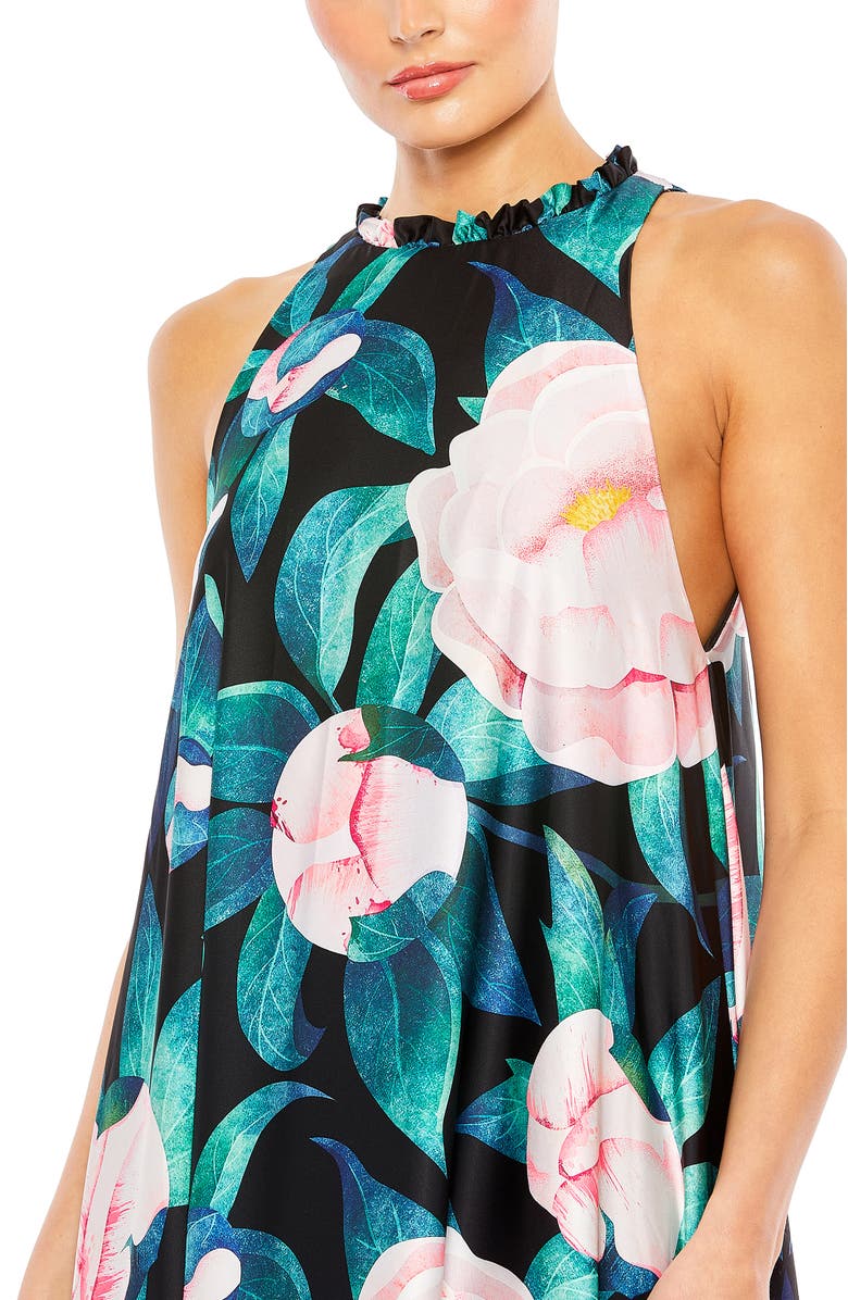 Mac Duggal Sleeveless High Neck Floral Print High Low Maxi Dress, Alternate, color, Black Multi