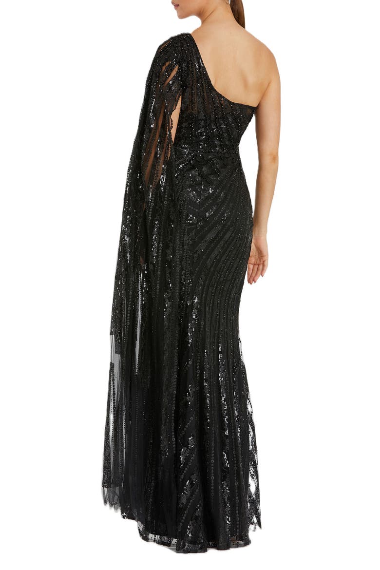 One Shoulder Cape Sleeve Embellished Gown, Alternate, color, BLACK