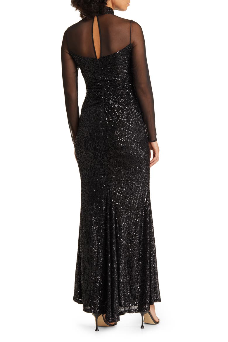 Sequin Mesh Lace Long Sleeve Gown, Alternate, color, BLACK