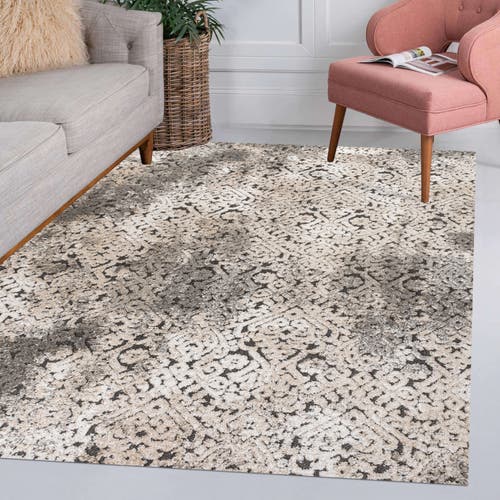 Jonathan Y Duenas High-low Shabby Damask Indoor/outdoor Area Rug In Cream/beige/dark Gray