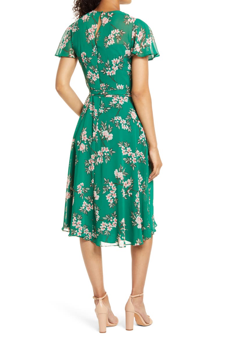 Floral Flutter Sleeve Chiffon Dress, Alternate, color, GREEN