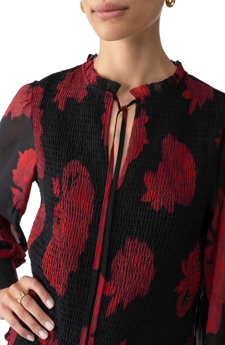 Sanctuary Softly Smocked Tie Neck Recycled Polyester Top, Alternate, color, 