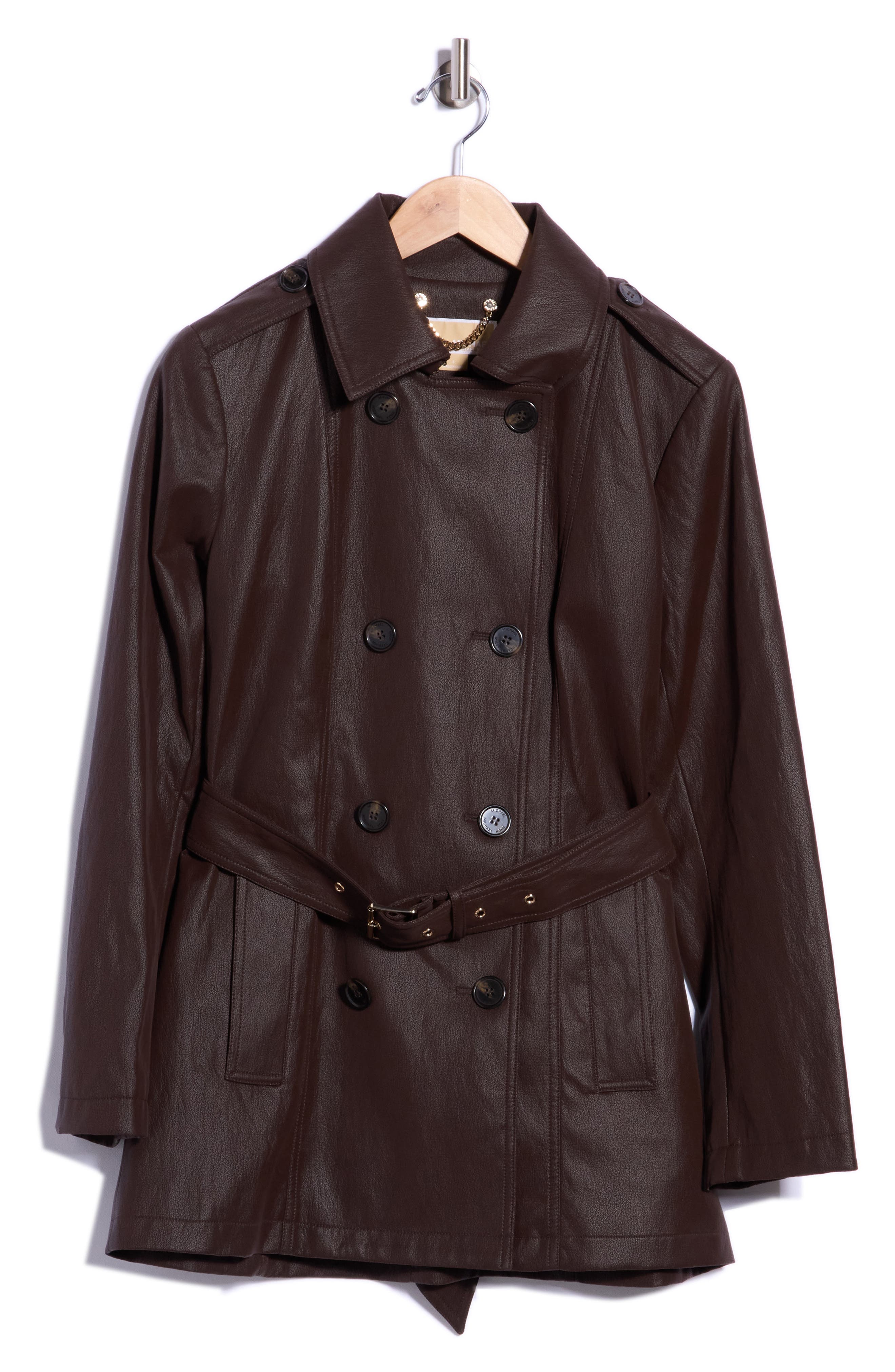 Faux Leather Double Breasted Trench Coat