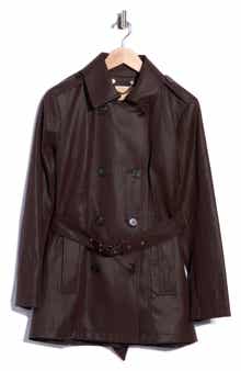 Faux Leather Double Breasted Trench Coat