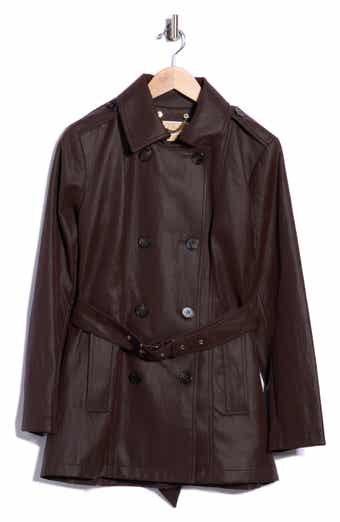 Faux Leather Double Breasted Trench Coat