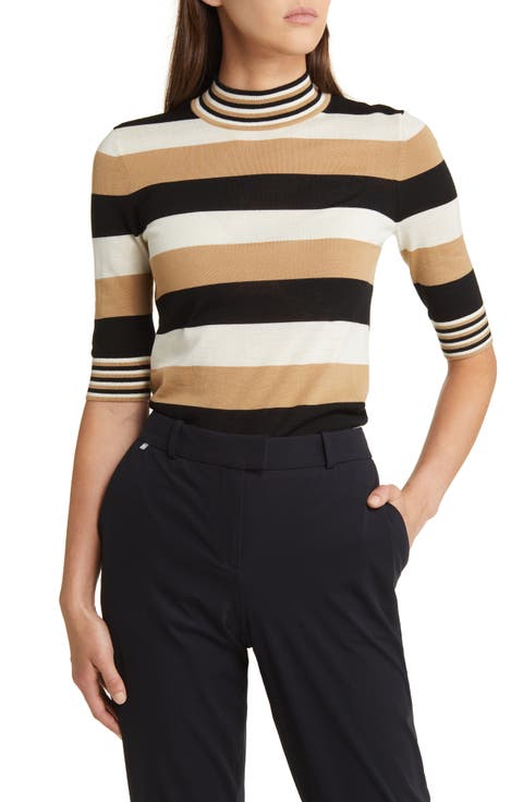 Fratellina Stripe Wool Mock Neck Sweater