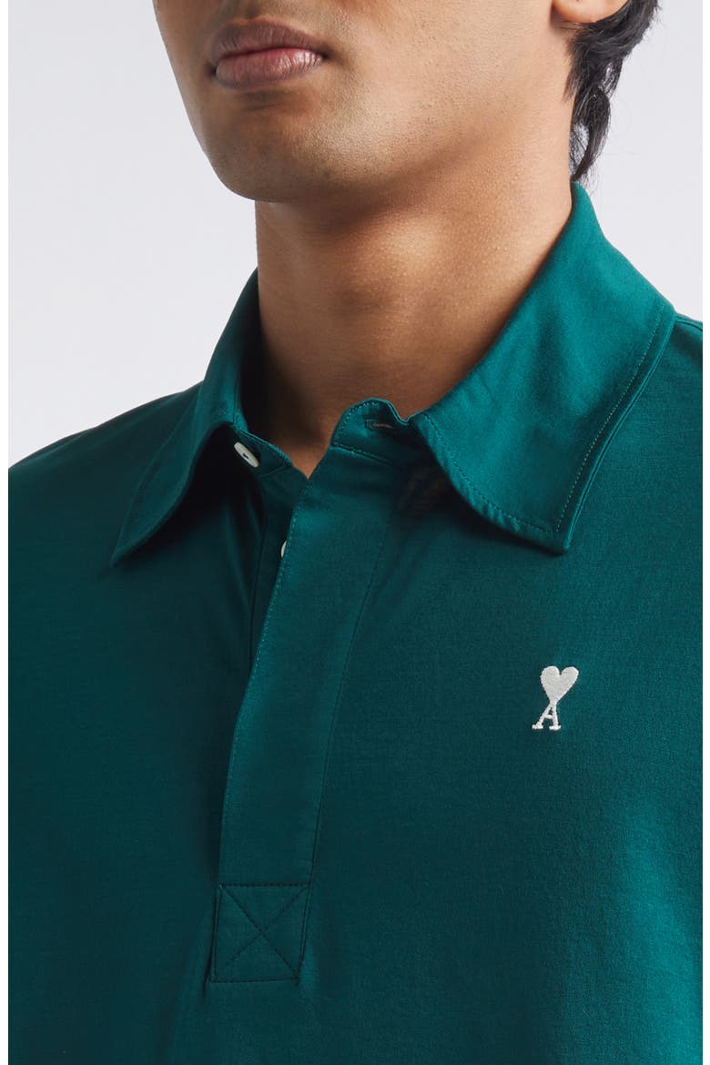 Ami de Coeur Embroidered Long Sleeve Cotton Polo, Alternate, color, VERT SAPIN/ BLANC CREME