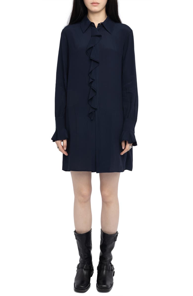Zadig & Voltaire Rhelyne Ruffle Long Sleeve Shirtdress, Main, color, Encre