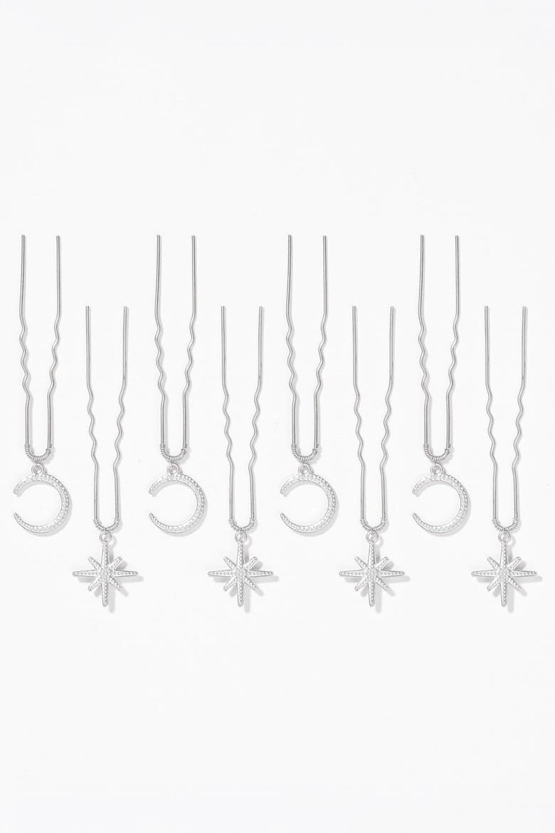 Celestia Silver Star & Moon Hair Pins - Set of 8, Main, color, Metallic Silver