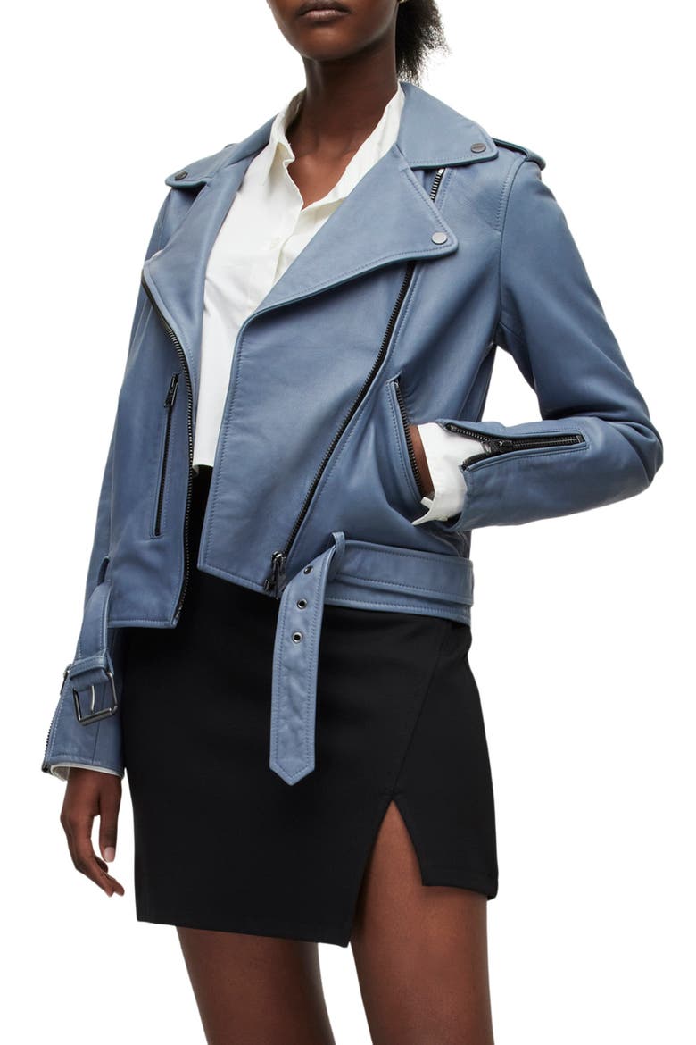 Women's Belted Crop Leather Moto Jacket, Main, color, FLINT BLUE
