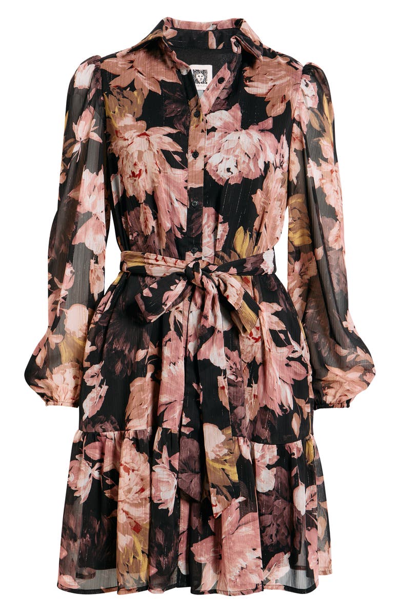 Anne Klein Long Sleeve Floral Chiffon Shirtdress, Alternate, color, Anne Black Multi
