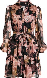 Anne Klein Long Sleeve Floral Chiffon Shirtdress