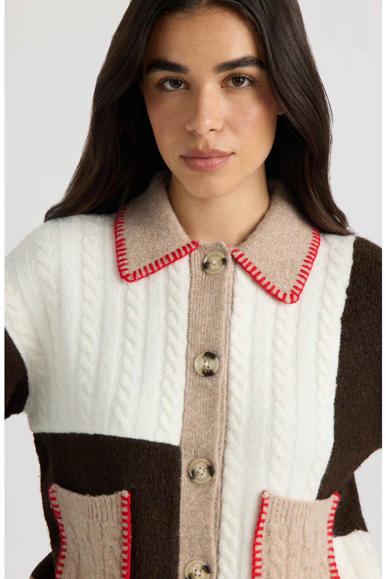 Patchwork Cable Knit Cardigan, Alternate, color, MARSHMALLOW/ GROUND COFFEE