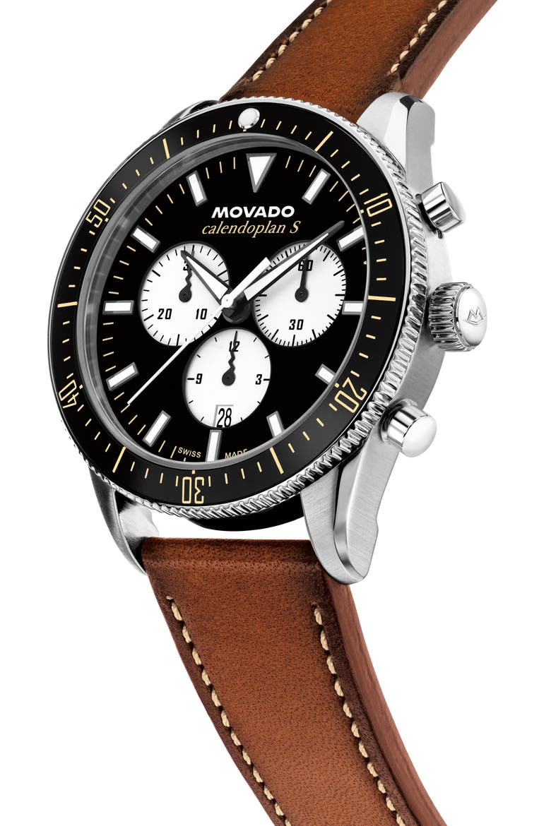Calendoplan S Chronograph Leather Strap Watch, 42mm, Alternate, color, BLACK