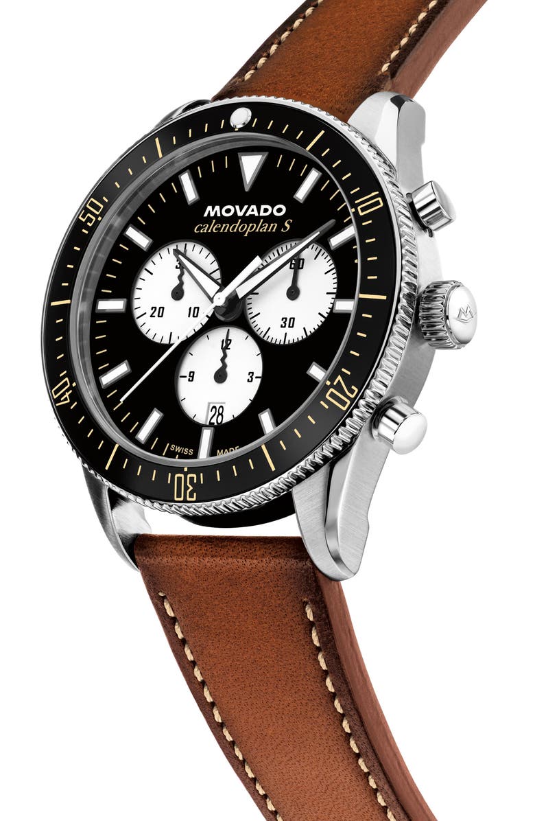 Movado Calendoplan S Chronograph Leather Strap Watch, 42mm, Alternate, color, 