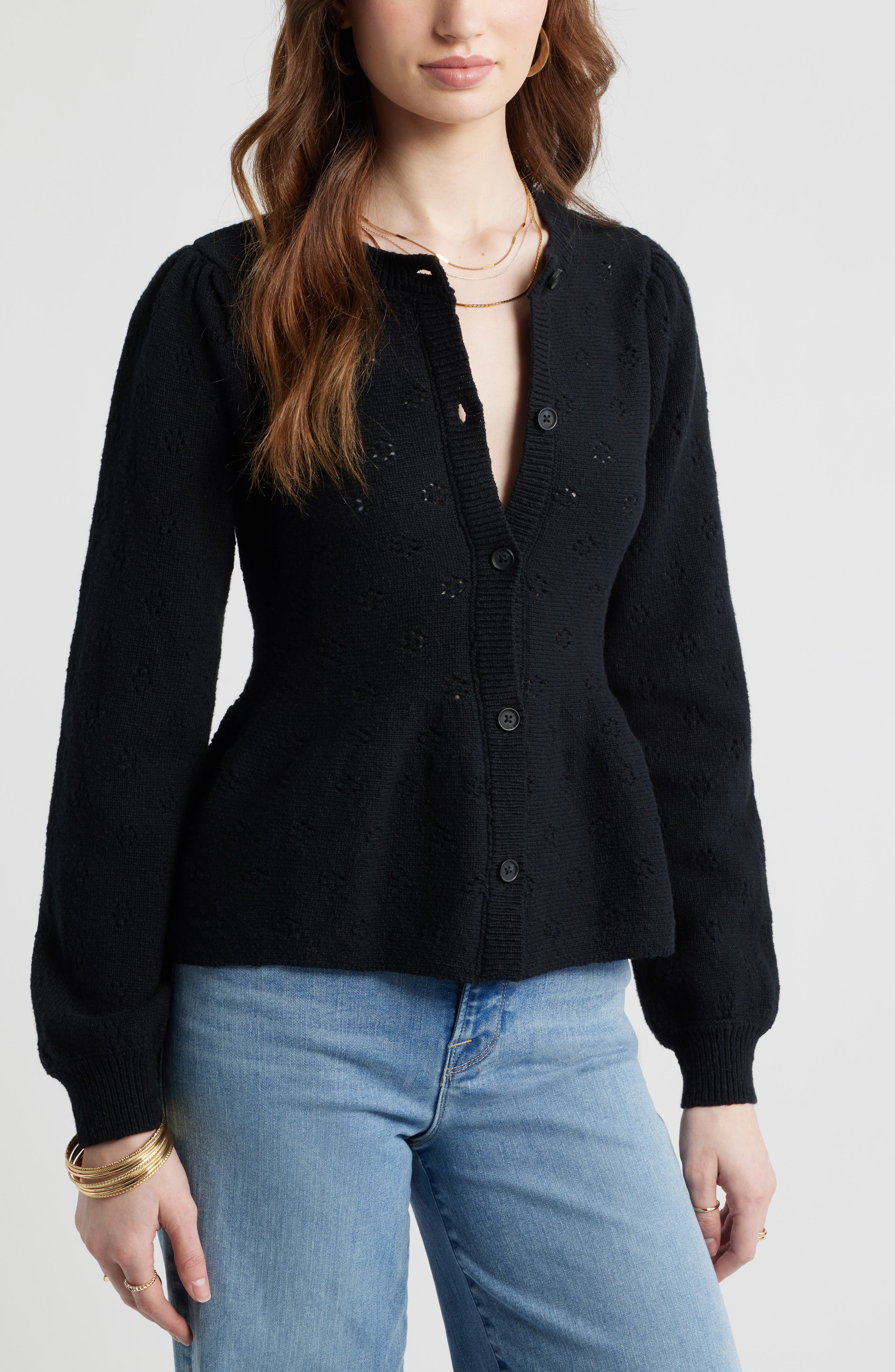 Treasure & Bond Pointelle Peplum Cardigan
