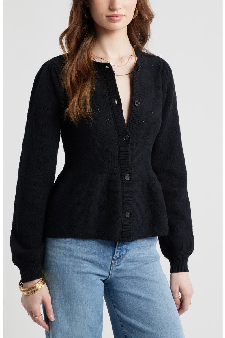 Pointelle Peplum Cardigan, Main, color, BLACK