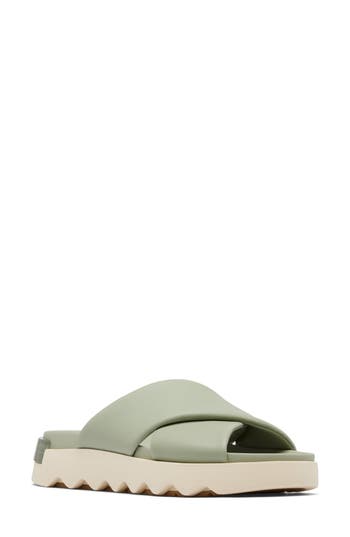 Sorel Vibe Twist Womens Leather Slip On Slide Sandals In Safari/honey White