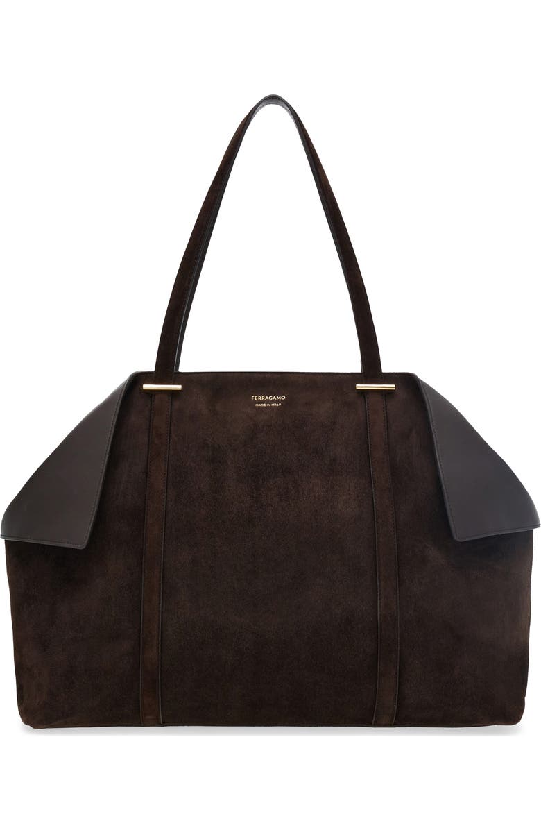 FERRAGAMO Large Folded Suede Tote, Main, color, Testa Di Moro