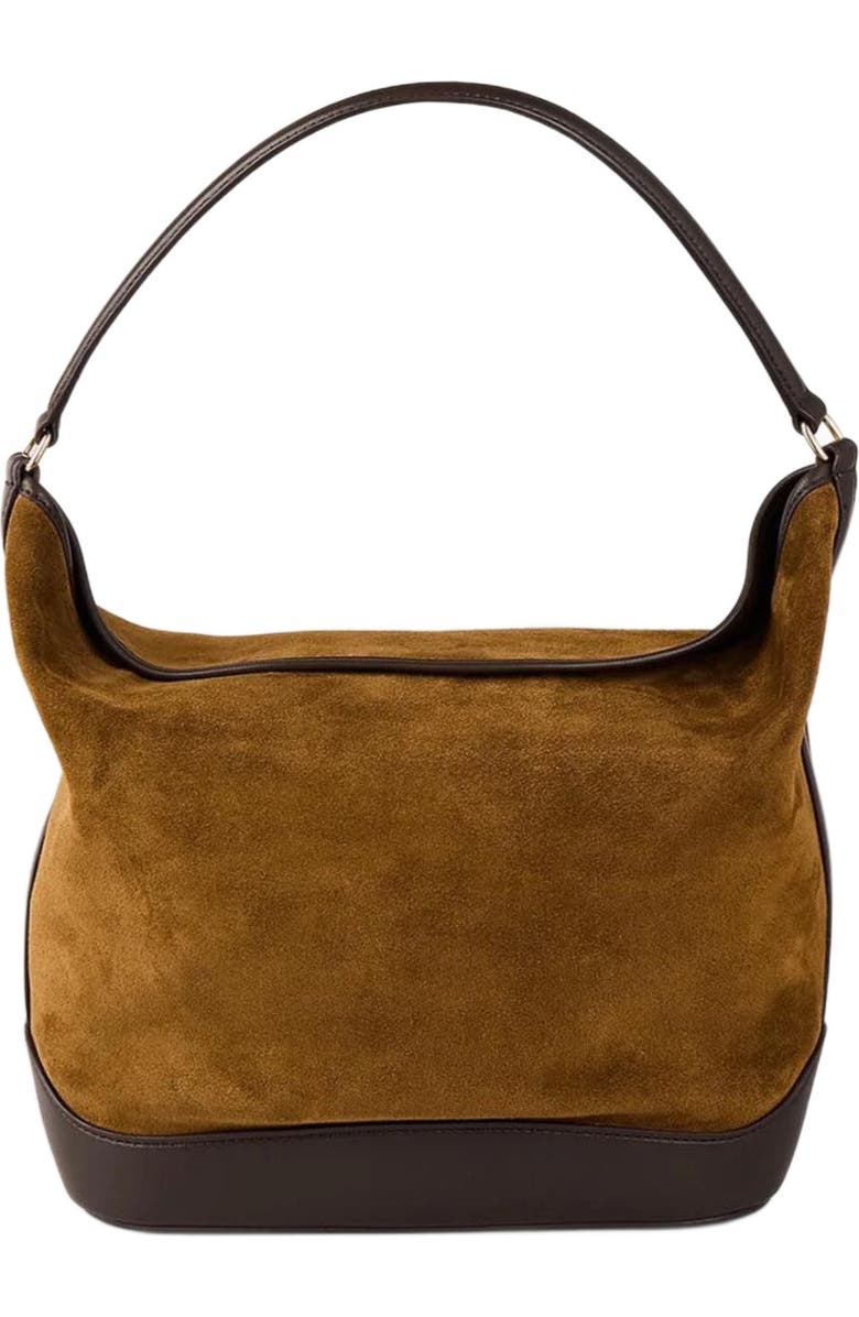 SANDRO Suede and leather bucket bag TANGOSO, Alternate, color, Camel