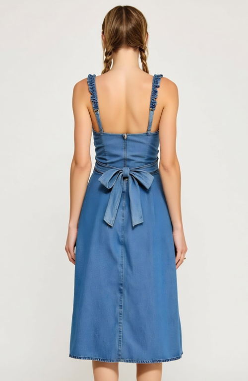 Modenaire Smocked Midi Dress With Ruffled Straps And Gathered Skirt In Blue