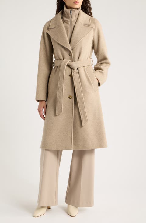 Belted Wool Blend Wrap Coat with Removable Bib