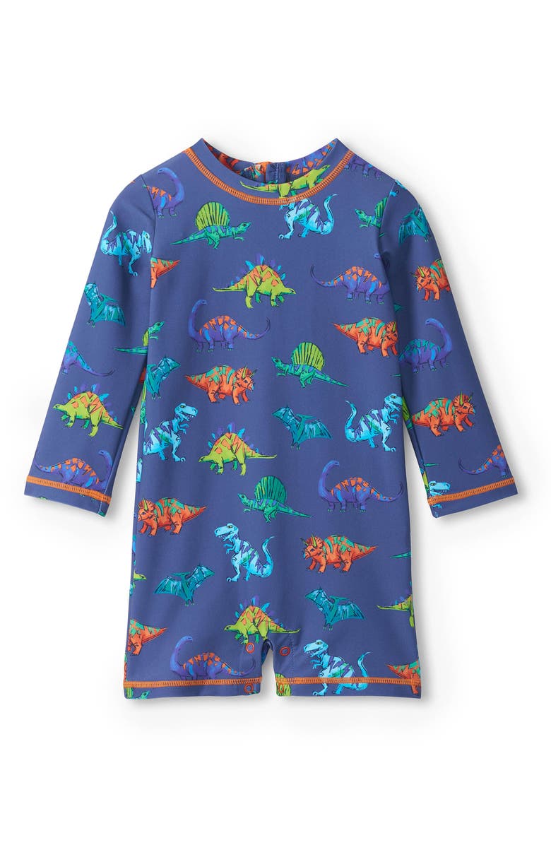 Hatley Dino Party Long Sleeve One-Piece Rashguard Swimsuit, Main, color, Blue