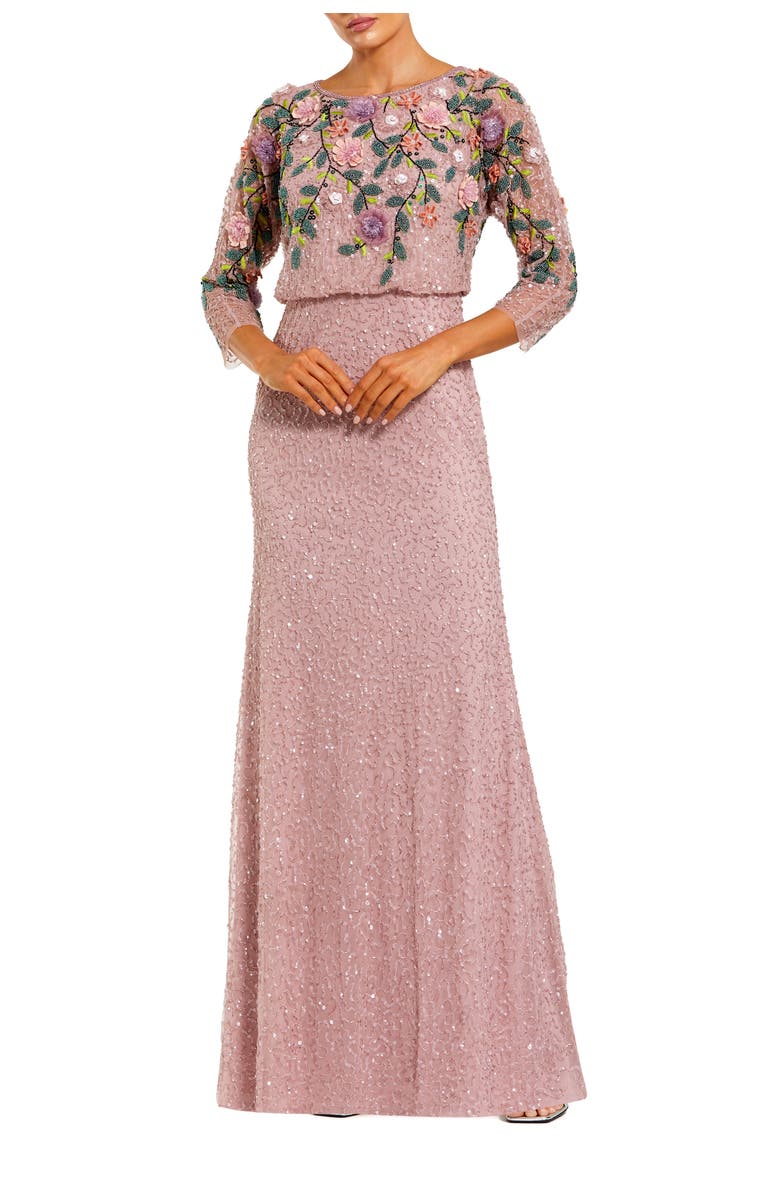 Mac Duggal Floral Embellished Long Sleeve Gown, Main, color, Vintage Lilac Multi