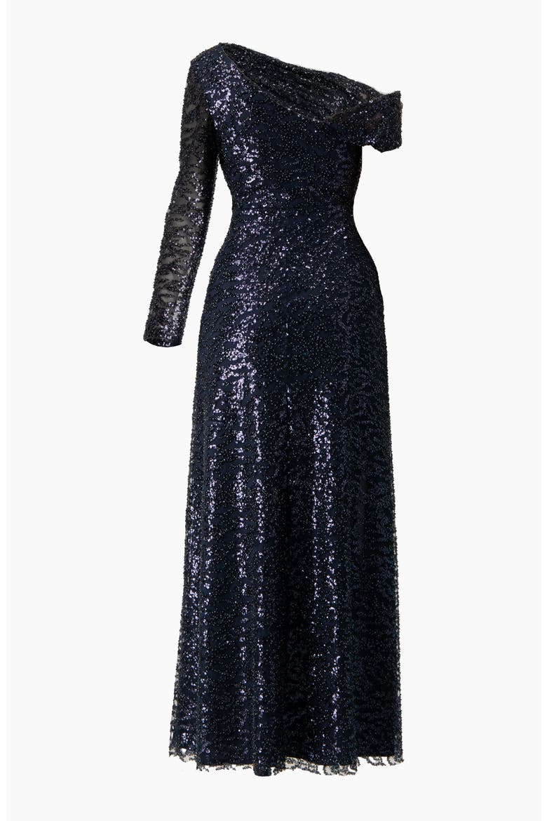 Embroided Gown with Front Slit and One Sleeve, Alternate, color, Navy Blue