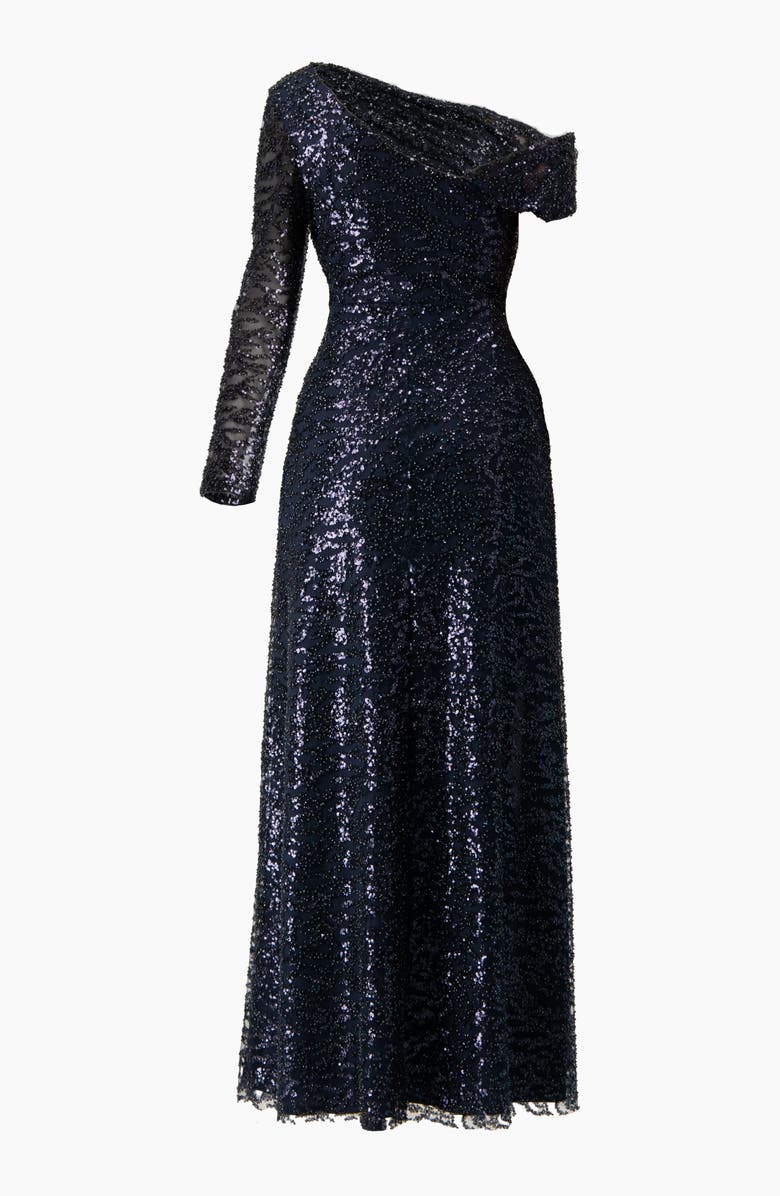 IVONNE Embroided Gown with Front Slit and One Sleeve, Alternate, color, Navy Blue