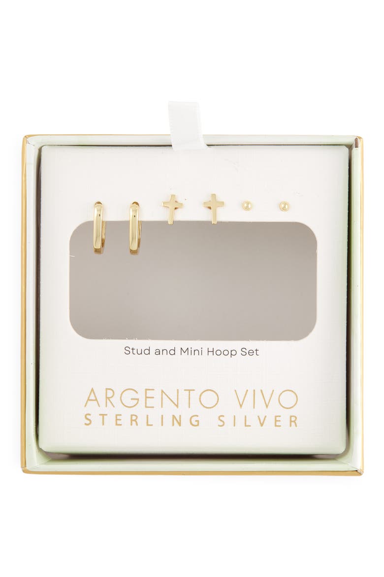 Set of 3 Huggie Hoop, Cross & Ball Stud Earrings, Main, color, GOLD