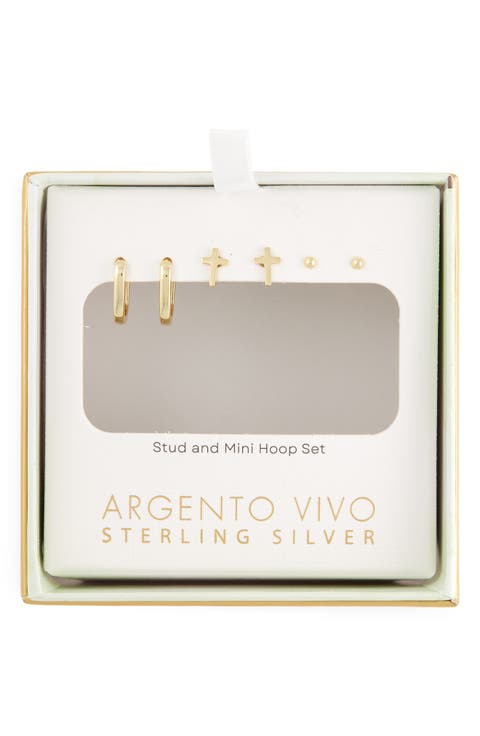 Set of 3 Huggie Hoop, Cross & Ball Stud Earrings