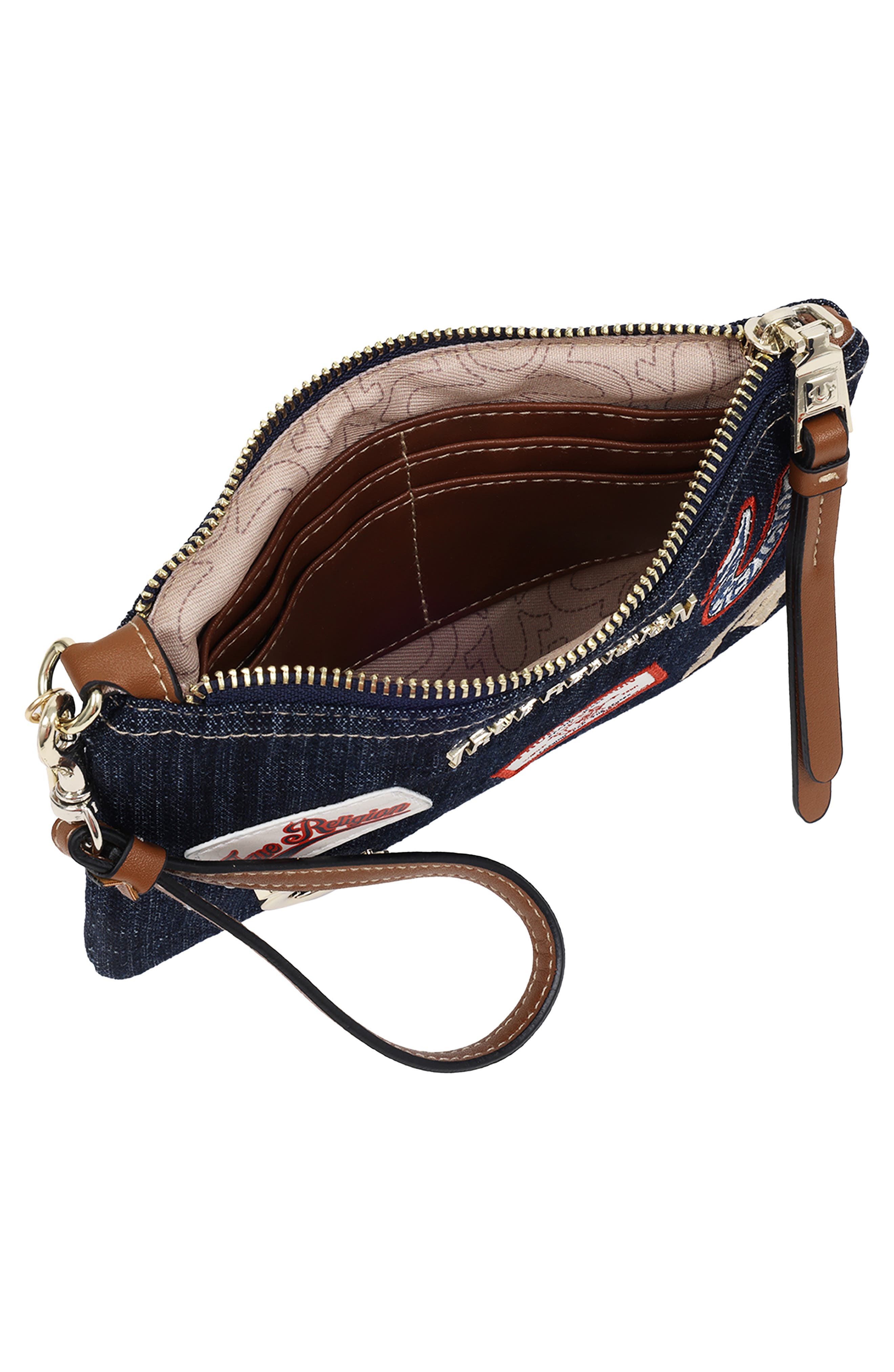 Patchwork Denim Wristlet Pouch, Alternate, color, DARK DENIM