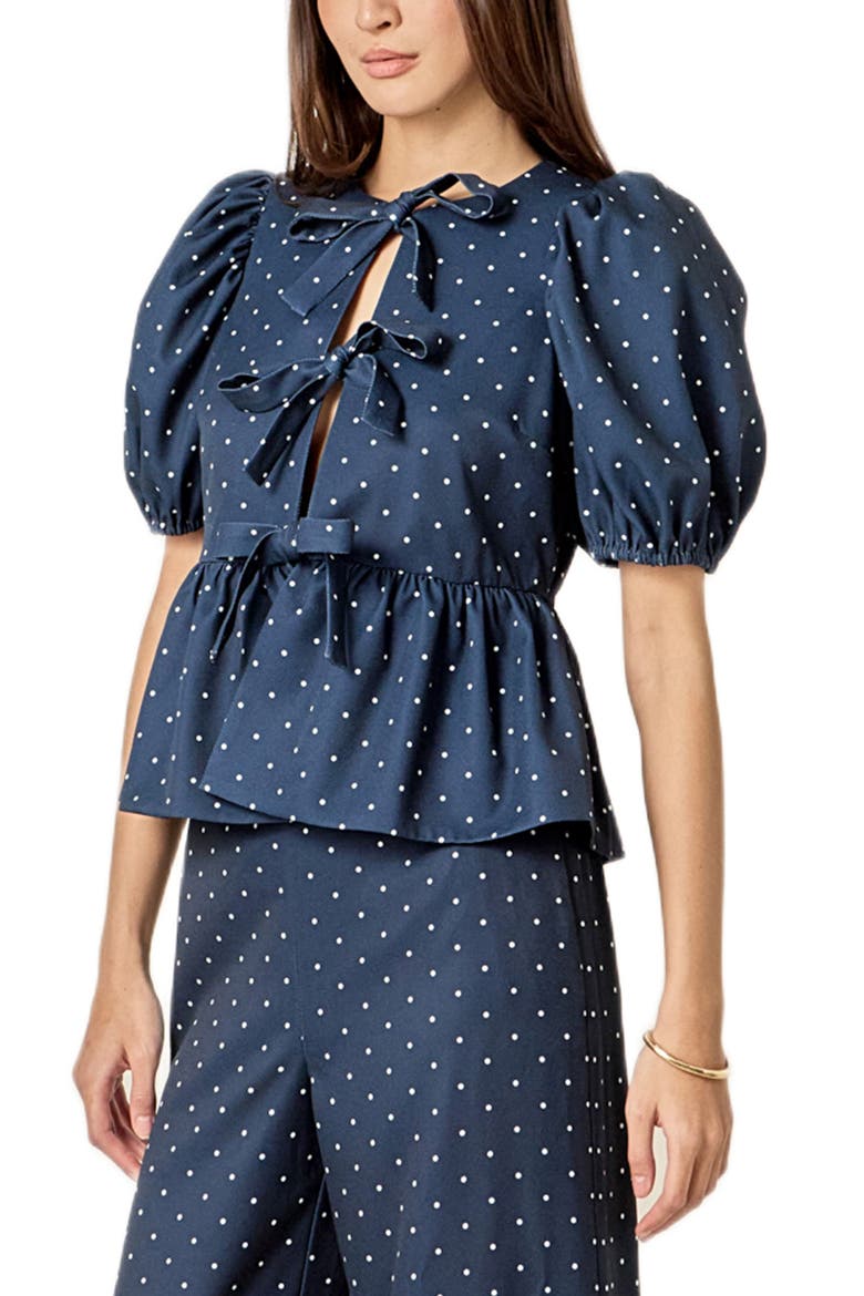 Dot Tie Front Puff Sleeve Top, Alternate, color, NAVY