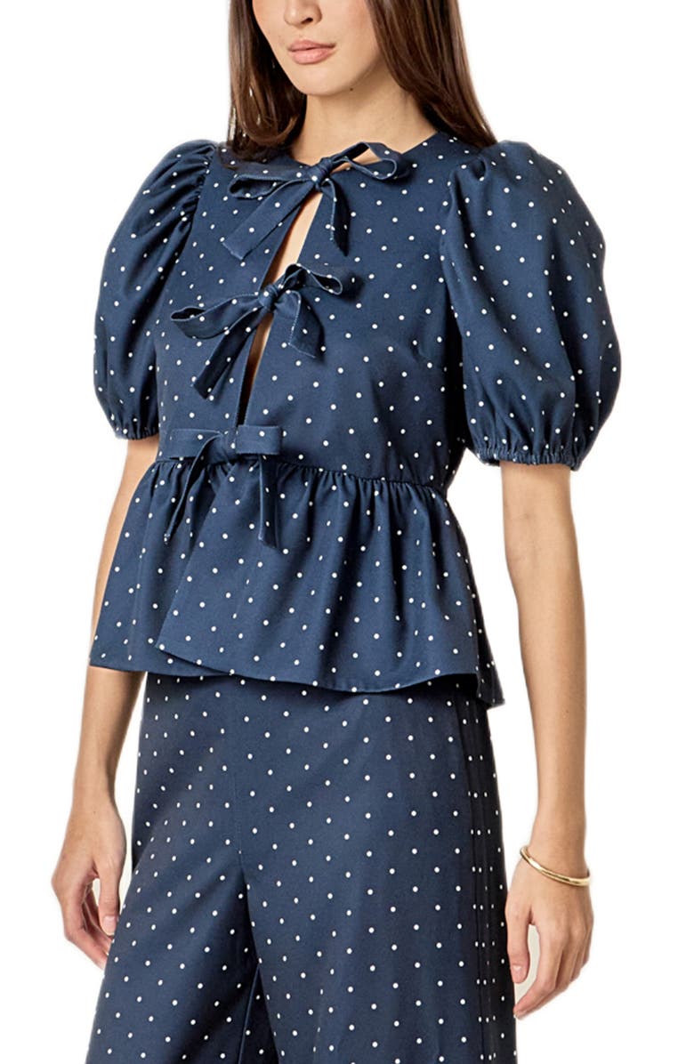 English Factory Dot Tie Front Puff Sleeve Top, Alternate, color, Navy